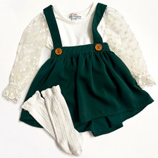 Bailey's Blossoms 3pc Girls 6-9M Green/White Dress Set Polka Dot Bodysuit Girls' Socks Set price