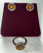 14K Gold & Silver Citrine Diamond Halo Pavé Ring Size 7 & Earrings Set Diamond Earrings price