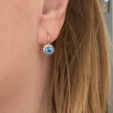 London Blue Topaz and Diamond Halo Lever back Earrings. 9k Gold. Diamond Earrings price