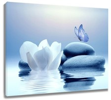 Zen Stone Canvas Wall Art White Flower and Blue Butterfly on Lake Wall Art fo... Natural Stone Wall Art price