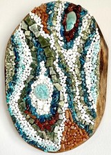Handmade Mixed Media Mosaic Wall Art, Natural Stone, Glass, Blue, Rust, White Natural Stone Wall Art price