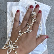 Gold Tone Clear Crystal Flower Hand Chain Bracelet with Finger Ring Charm Shahmeran Bracelet price