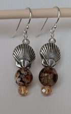 Silver Tone Shell Charm Brown Glass Bead Dangle Drop Earrings, Hook Closure Pearl Earrings price