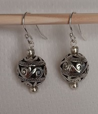 Silver Tone Round Filigree Bead Dangle Drop Earrings, Hook Closure, Metal Pearl Earrings price