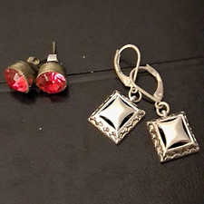 Lot of 2 Metal Earrings Red Round Stud & Silver Square Dangle Butterfly Pearl Earrings price