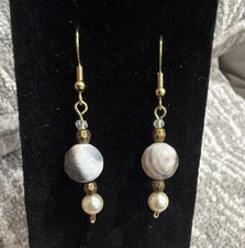 White Round Marbled Glass Beaded Dangle Drop Earrings w/ Hook Closure, Gold Pearl Earrings price