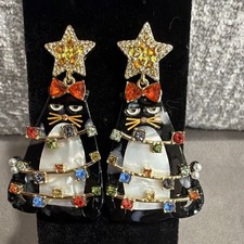 Christmas Cat Tree Dangle Drop Stud Earrings w/ Star & Multicolor Rhinestones Pearl Earrings price