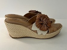 Nurture Myrtle Tan & Cream Leather Wedge Heel Sandals Flower Detail Womens 8 EUC Wedge Heels price