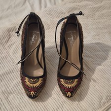 Donald J Pliner Beaded Wedge Heels Black Gold Red Ankle Strap Closed Toe 7.5 Wedge Heels price
