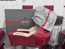 PRADA Vintage 90s Patent Leather Platform Wedge Mules Slides Sandals 8 US Wedge Heels price