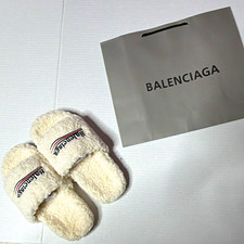 Balenciaga Unisex White Sherpa Faux Fur Logo Slide Slippers EU 39 Slippers price