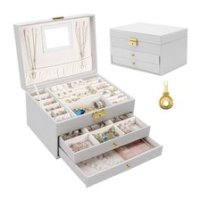 White 3-Layer Jewelry Box Portable Travel Storage Case with Mirror & Lock Key Jewelry Boxes price