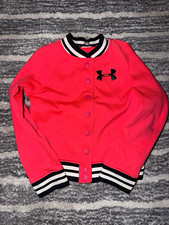 Under Armour ColdGear Girls YXS Pink Snap Varsity Jacket Fleece Logo Girls' Coat price