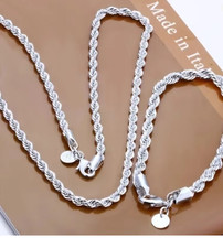 925 Sterling Silver Rope Chain Set 4MM Necklace & Bracelet for Men Women | 40–60 Silver Bracelet price