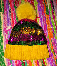Unisex Adults One Size Beanie Hat Pom-Pom Mardi Gras Sequin Yellow Green Purple Unisex Beanie price