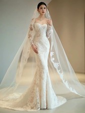 Boho Mermaid Wedding Dress Long Sleeve Lace Sequins Size M Zipper Back White Wedding Dress price