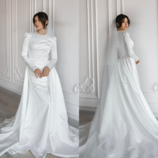 Modest Long Sleeve Satin A Line Wedding Gown Round Neck Lace Up Back Train Wedding Dress price