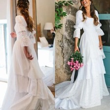 Elegant White Wedding Dresses Floral Sleeve Ruffle Tiered Lace Skirt Bridal Gown Wedding Dress price