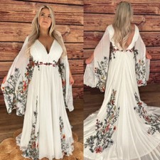 Boho Chiffon A-Line Wedding Dresses V-Neck Long Sleeves Lace Floral Bridal Gowns Wedding Dress price