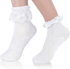 2 Pairs White Ruffle Socks for Women Turn-Cuff Lace Frilly Ankle Sock Comfortabl Women's Socks Set price