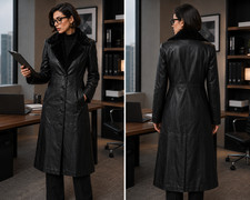 Womens Leather Trench Long Sherling Coat Jacket Black Size S M L XL 2XL Women's Raincoat price