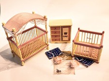 Vtg Dollhouse Miniature Baby's Room Canopy Crib Playpen Dresser Armoire Plus NOS Baby Room Dresser price