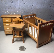 1:12 Scale Dollhouse Baby Nursey 3 Piece Set Crib High Chair Dresser Wood Walnut Baby Room Dresser price