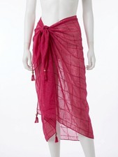 Women Pink Cotton Sarong Pareo Beach Scarf Wrap Sheer Plaid Tassels Cover Up Pareо price