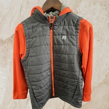 Russell Youth Puffer Vest Hoodie Jacket Boys L (10-12) Gray Orange Full Zip Boys' Vest price