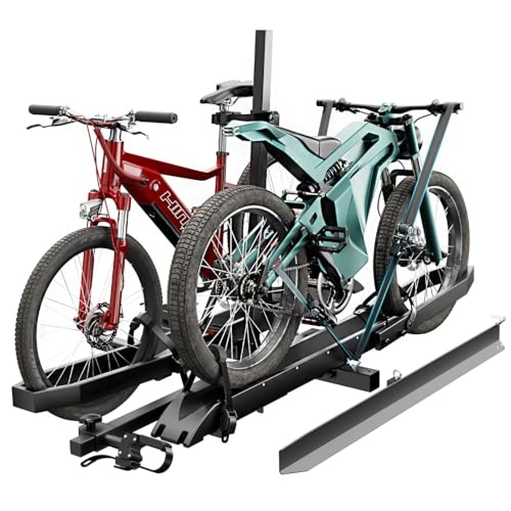 EBike Rack with Ramp for Tow Hitch,300lbs Load Capacity Heavy Duty E Bike Carrier Raks for 2 Bikes, Fits SUV, Truck, RV, Van– Car Bike Rack for Electric Mopeds,E-Bikes, Fat Tire Mountain Bicycles