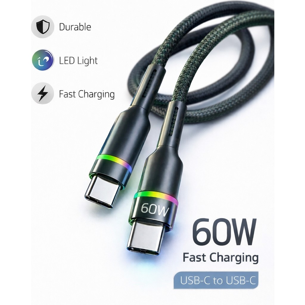 Ebotek Sbz Apple 60W Iphone 15 - 16 - 17 Pro Max Uyumlu Rgb LED Işıklı Hasır Type-C Hızlı Şarj Kablosu - Siyah Bilgisayar Çevirici ve Adaptörü Fiyatı