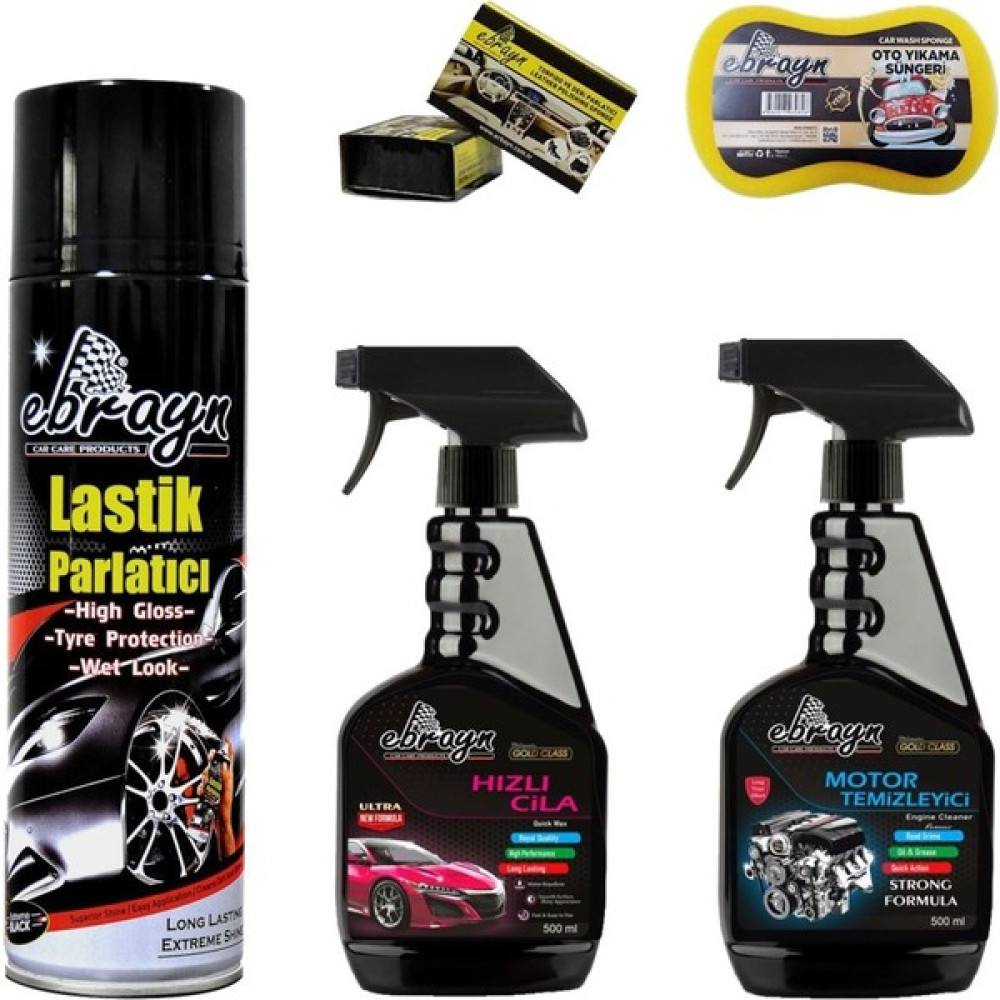Ebrayn Lastik Parlatıcı + Motor Temizleyici + Hızlı Cila + 2AD Göğüs Parlatıcı + Sünger - 6 Parça Oto Boyaları Fiyatı