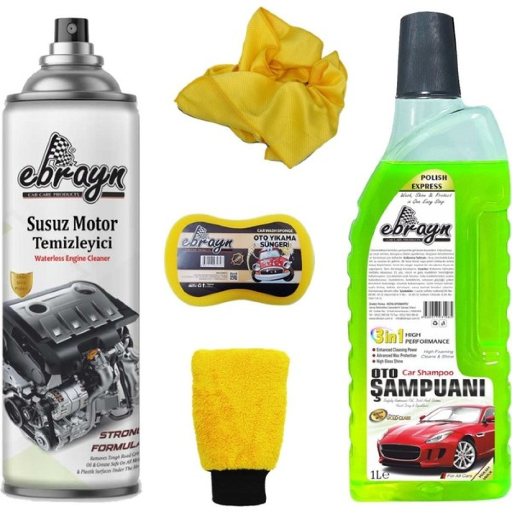 Ebrayn Oto Bakım Seti Oto Şampuan + Motor Temizleyici + Yıkama Eldiveni + Sünger + Microfiber Bez Oto Bakım & Temizlik Ürünleri Fiyatı