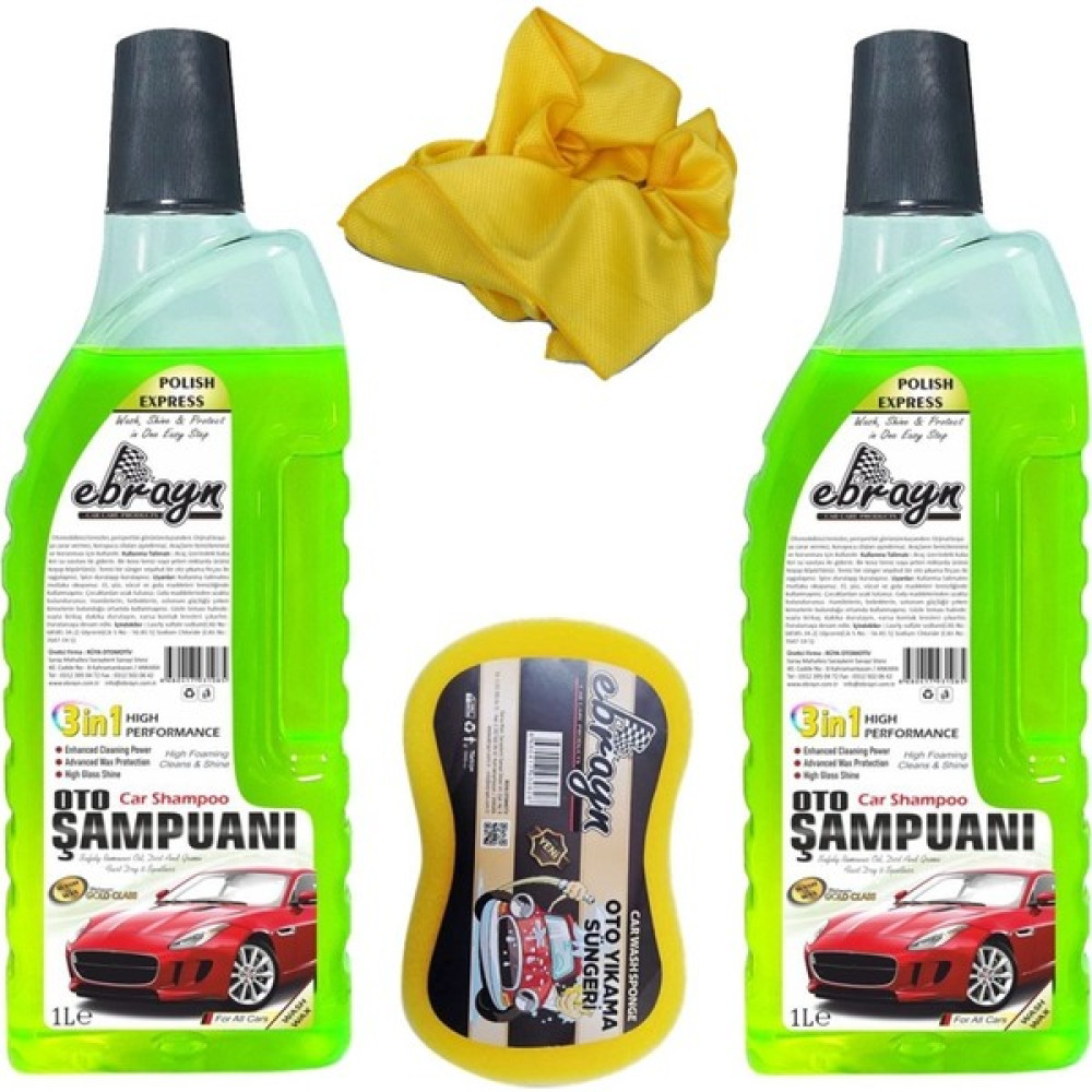 Ebrayn Oto Yıkama Seti 2 Adet 1 Lt Oto Şampuanı + Sünger + 40X40 cm Microfiber Bez Oto Bakım & Temizlik Ürünleri Fiyatı