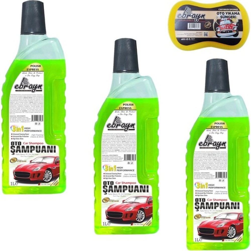 Ebrayn Oto Yıkama Seti 3 Adet 1 Litre Oto Şampuanı + 1 Adet Oto Yıkama Süngeri Oto Bakım & Temizlik Ürünleri Fiyatı