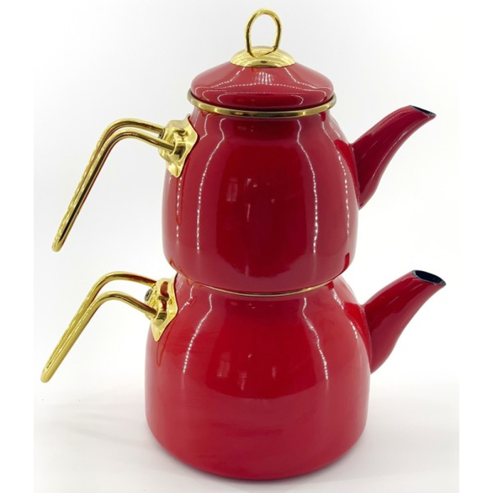 Ebru Metal Emaye Golden Çaydanlık Takımı-Titanyum Kulp-1,3 lt. / 2,5 lt. - Kırmızı Çay / Çaydanlık Setleri Fiyatı