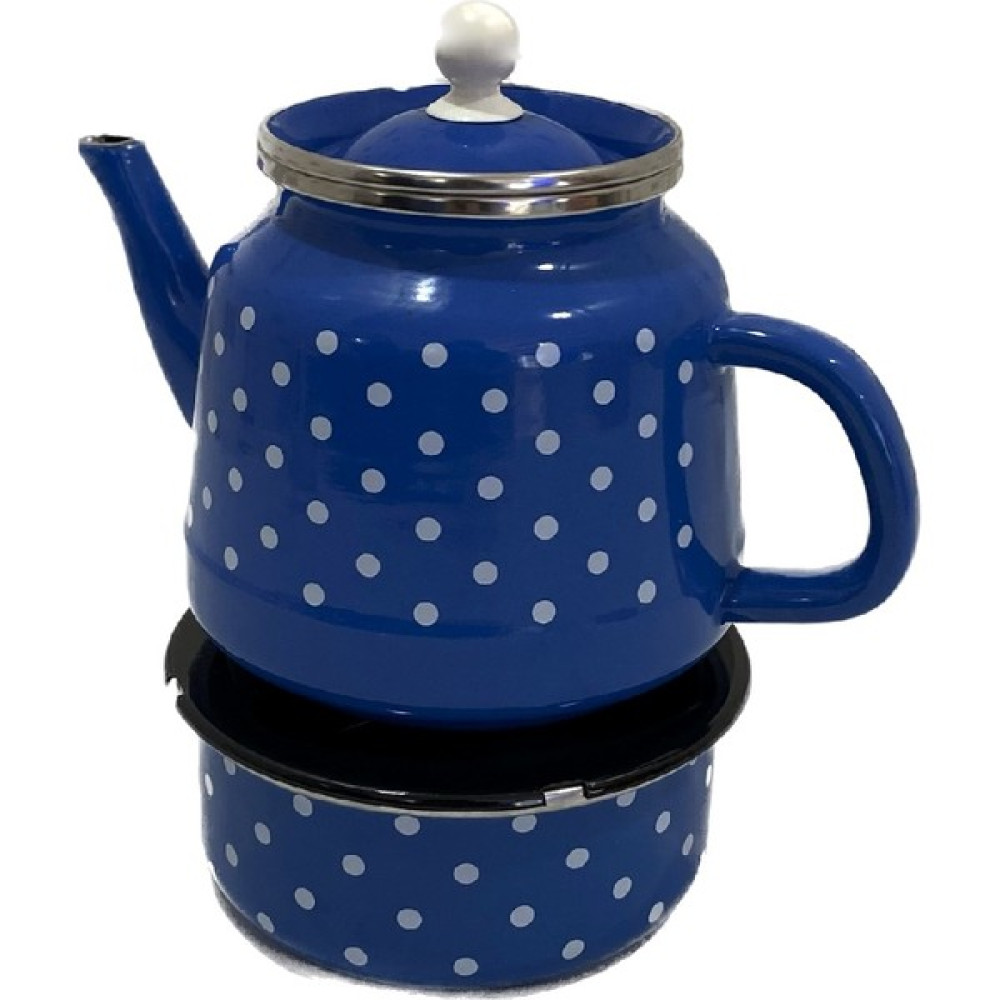 Ebru Metal Emaye Isıtıcılı Demlik Seti Mavi Beyaz Puanlı 1.2 Lt Çay / Çaydanlık Setleri Fiyatı