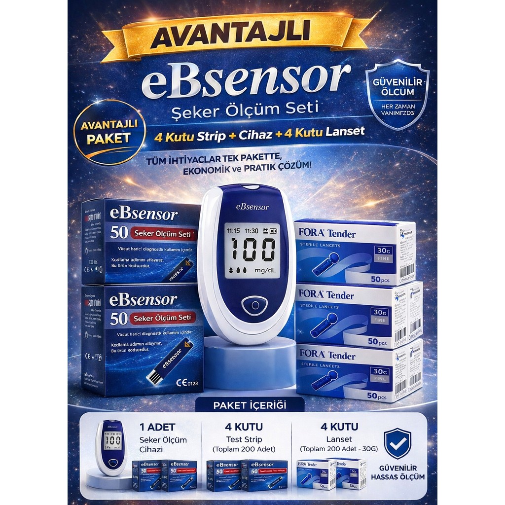 eBsensor Şekeri Ölçüm Cihazı 4 Kutu Strip (200 Adet) 4 Kutu (200 Adet) Lanset Diğer Fiyatı