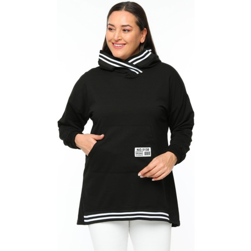Ebsumu Kadın Büyük Beden Kapüşonlu Siyah Beyaz Ribana Detaylı Siyah Swetshirt Bayan Sweatshirt Fiyatı