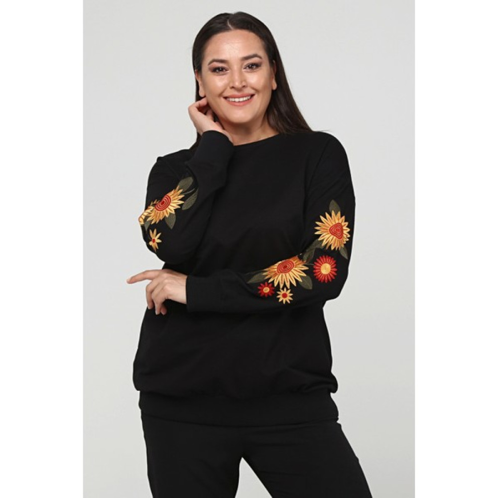 Ebsumu Kadın Büyük Beden Kolları Çiçek Nakışlı Uzun Siyah Sweatshirt Bayan Sweatshirt Fiyatı