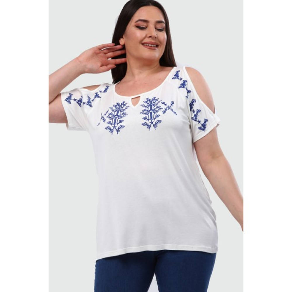 Ebsumu Kadın Büyük Beden Omuz Dekolteli Nakışlı Beyaz Bluz Bluz Fiyatı