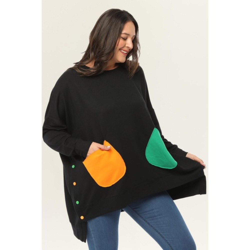 Ebsumu Kadın Büyük Beden Renkli Cepli Ekstra Rahat Kalıp Siyah Sweatshirt Bayan Sweatshirt Fiyatı