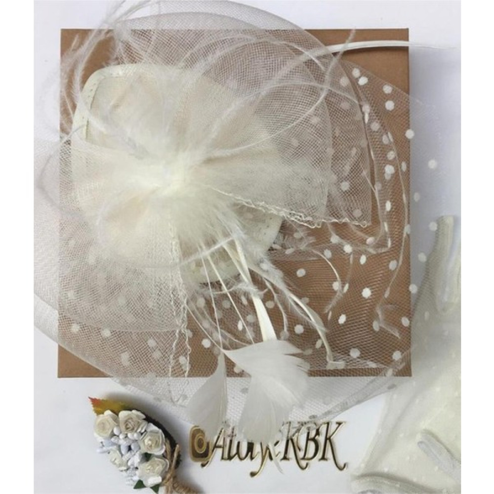 EC Shop Atolyekbk 3lü Set Ekru Puantiyeli Gelin Kepi Nikah Şapkası Vualet Damat Yaka Çiçeği ve Tüylü Kalem Gelinlik Fiyatı
