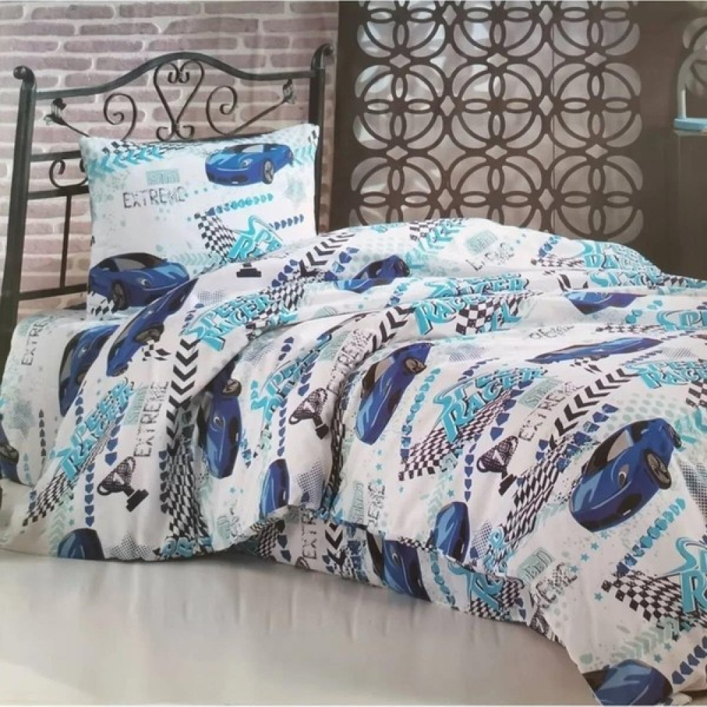 EC Shop Doqusoft Tek Kişilik Lastikli Çarşaflı Nevresim Takımı Arabalı Desen - 120 x 200 cm - Açık Mavi - Gri Nevresim Takımı Fiyatı