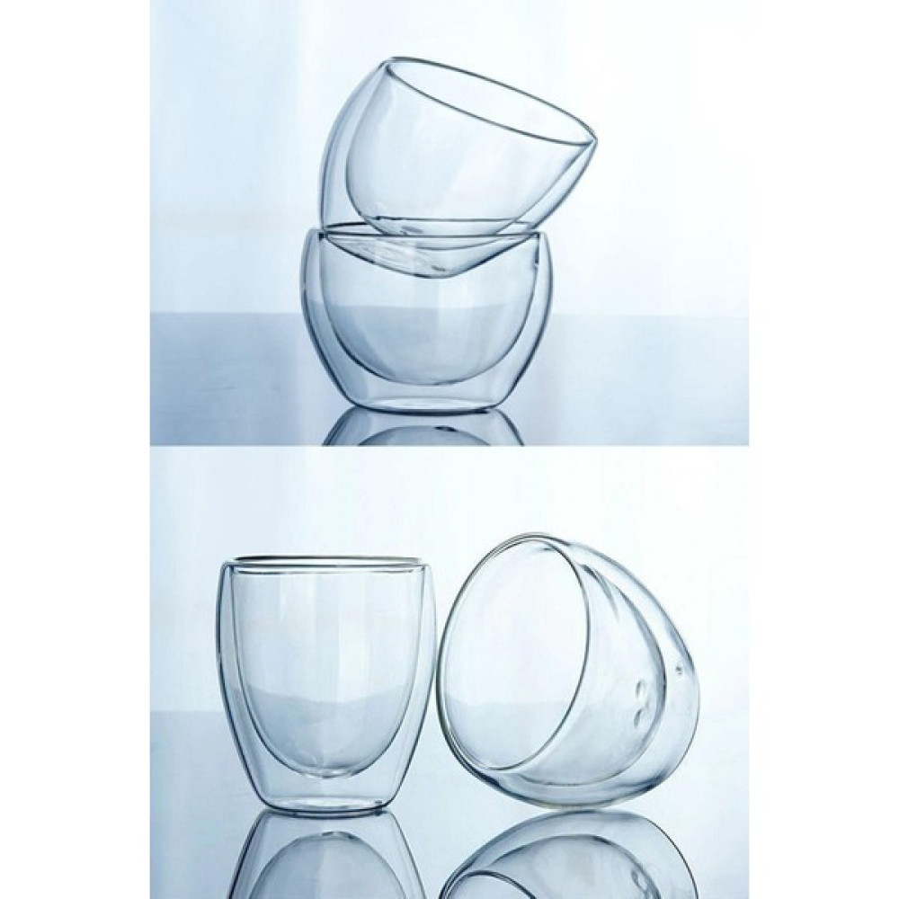 EC Shop Küçük Ew 4 Adet Çift Cidarlı Cam Kupa Ev Ofis Fincanı 250 ml Çift Katlı Isı Yalıtımlı Kulpsuz Cam B Fincan / Bardak / Kahve Takımı Fiyatı