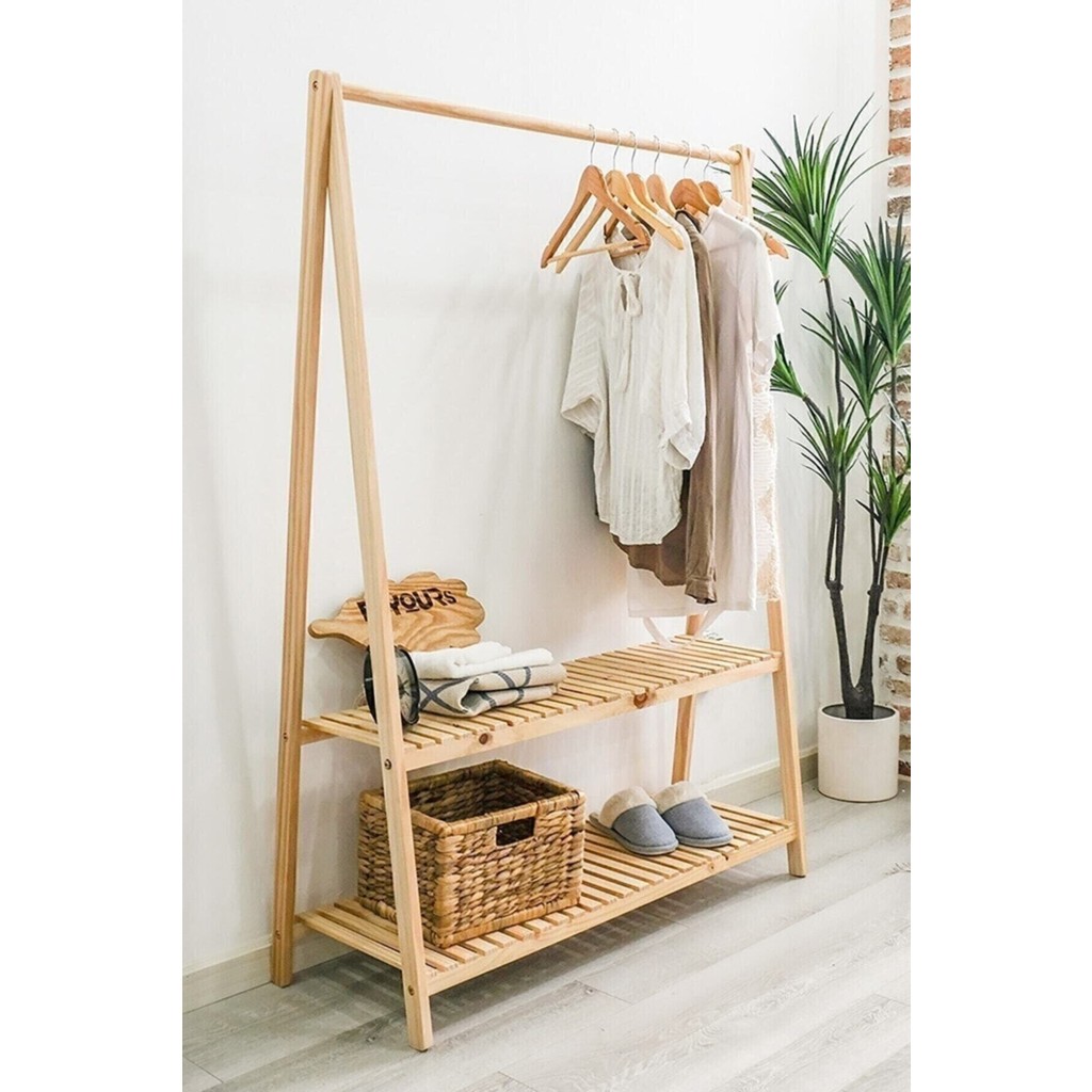 EC Shop Wood Bazaar Konfeksiyon Elbise Askılık Iki Raflı 148 x 106 cm Giyim & İç Giyim Fiyatı