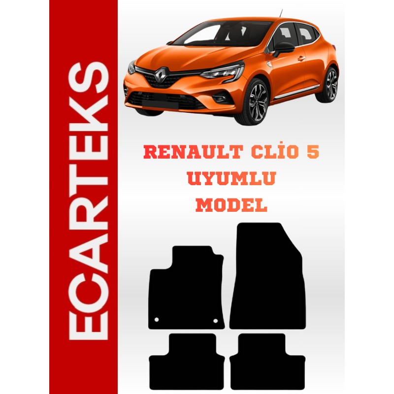 Ecarteks Renault Clio - 5 Uyumlu Halı-Velur Oto Paspas - Siyah Araca Özel Paspaslar Fiyatı