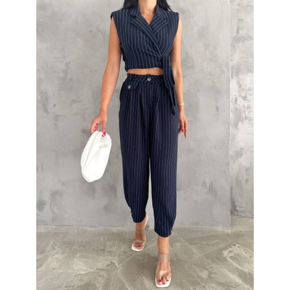 Eccey Butik Kadın Örme Krep Kumaş Çizgi Desenli Kuşak Detaylı Ceket ve Pantolon Takım Kadın Giyim Fiyatı