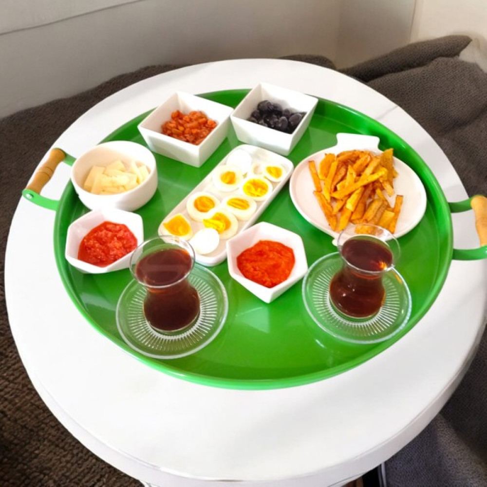 Ece Ev Modası Ahşap Kulplu 50 cm Yuvarlak Metal Tepsi Kahvaltı Çay Kahve Sunum Tepsisi - Yeşil Servis Tepsisi Fiyatı