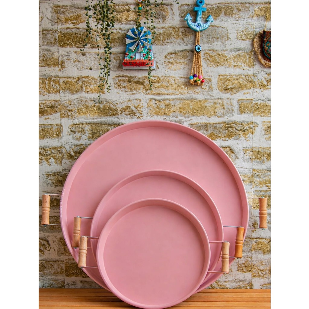 Ece Ev Modası Tepsi Seti Ahşap Kulplu Metal Çay Tepsisi Kahve Sunum Kahvaltı 3'lü Tepsi Seti 30-37-50 cm - Pembe Servis Tepsisi Fiyatı